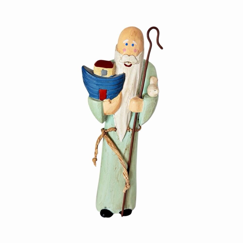 Vintage Midwest Importers Wooden Noah Figurine Holding Ark & Dove Staff 10"